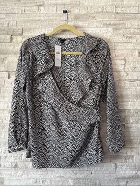 Ann Taylor Black & White Printed Wrap Blouse